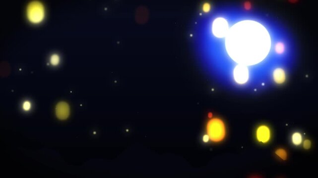 Abstract dark background with glowing yellow and red bokeh lights and a bright blue sphere of energy loops