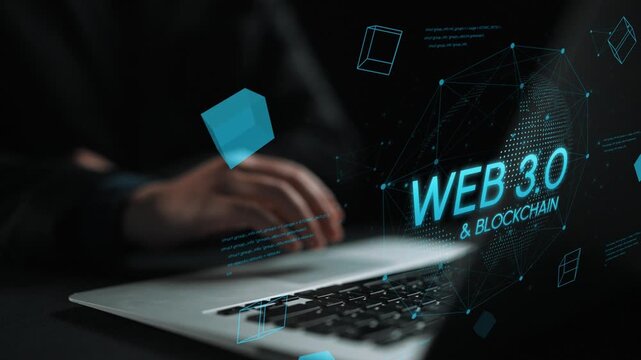 Digital representation of Web 3.0 and blockchain technology concept with futuristic graphics and hands working on a laptop in a dark setting. Entropy.