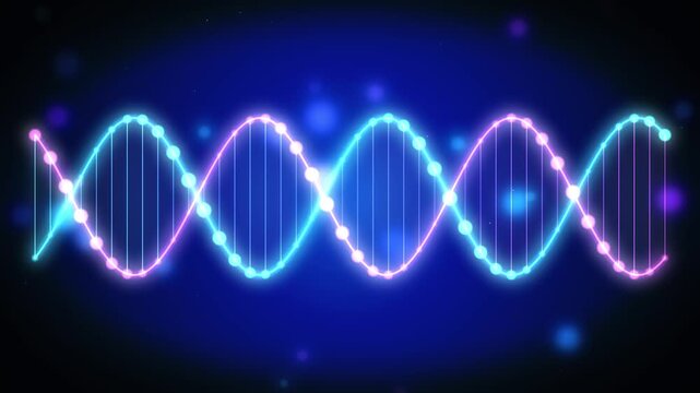 Abstract dna double helix animation spinning with glowing neon particles over dark blue bokeh background loop