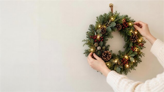 壁にクリスマスリースを掛ける手元