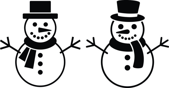 Two snowman with hats and scarves in black silhouette style for winter holiday and christmas season.