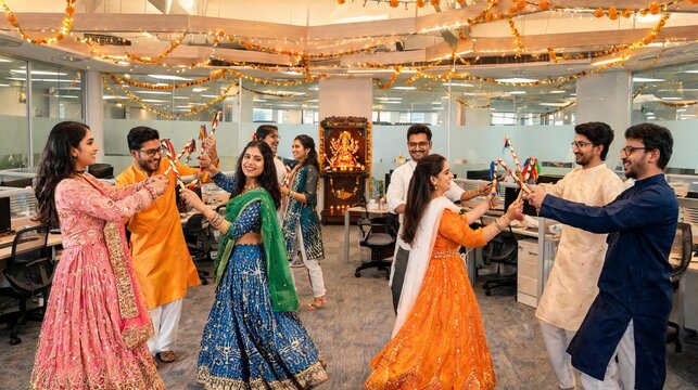 Office Colleagues Playing Dandiya During Navratri Festival Celebration