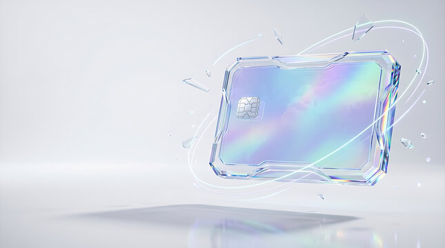 Abstract 3d render of a futuristic glass credit card with holographic light reflections and floating particles