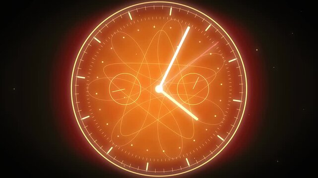 Abstract glowing clock face rotating with atomic light particles forming a digital time mechanism circle motion