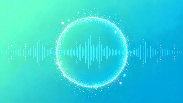 Abstract digital sound wave visualization with glowing particle ring on blue green gradient background