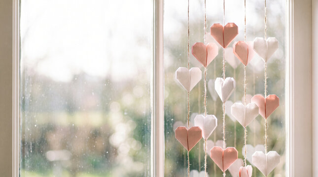 Folded 3d paper heart garland hanging in a bright window