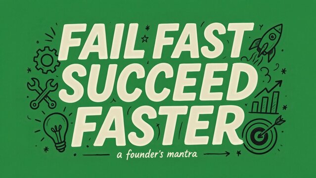 Motivational quote poster featuring fail fast succeed faster typography design with entrepreneur mindset sketches on green background