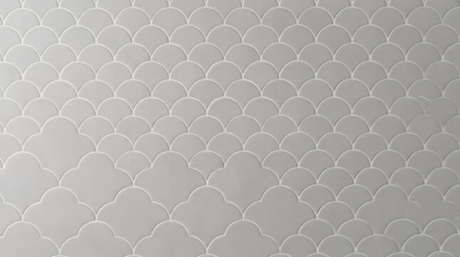 White fish scale ceramic tile pattern background, modern arabesque scallop fan mosaic tile texture for kitchen backsplash and bathroom wall