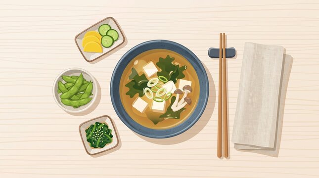 An illustrated bowl of traditional Japanese miso soup with tofu and seaweed, served with edamame, pickled vegetables, and seaweed salad on a table.   