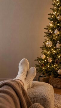クリスマスツリーのそばでくつろぐ靴下の足元