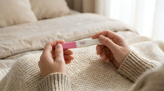 Positive pregnancy test held by a person in a cozy bedroom, showing two lines as a sign of fertility and motherhood