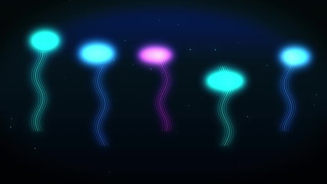 Abstract neon jellyfish swimming in dark deep blue water with glowing bodies and tentacles flowing in motion