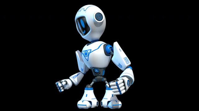 Front view of a small white robot with blue graphics turning its body to the left, looking up, and then turning its body to the right. Loop sequence with alpha channel. 3D Animation