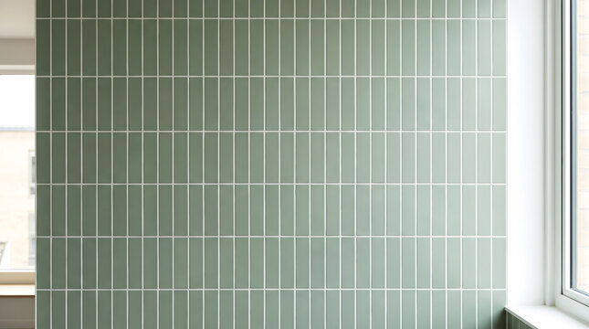 Sage green vertical kitkat subway tile wall background texture in modern minimalist interior next to bright window