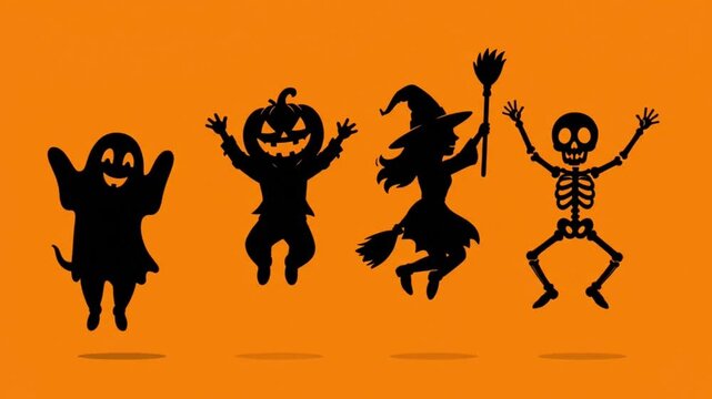 Four Silhouettes of Halloween Characters Jumping Joyfully on an Orange Background.