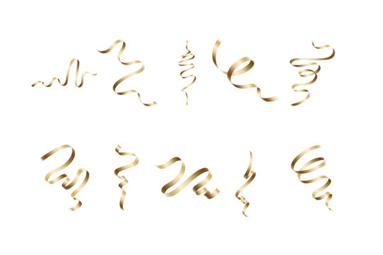 Golden Curled Ribbon Confetti Vector Decoration with Realistic Metallic Foil Gradients