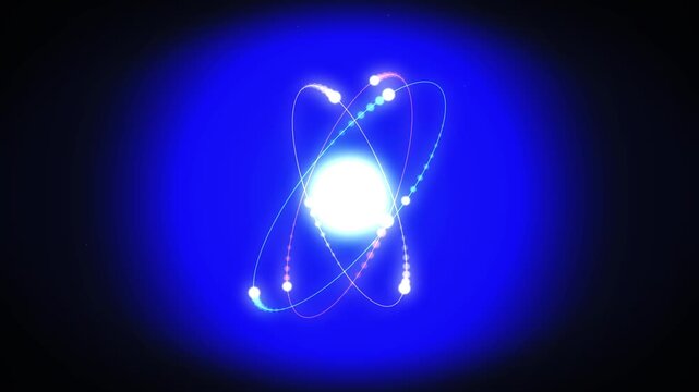 Abstract science animation of atomic structure with glowing nucleus and spinning electron rings in deep space