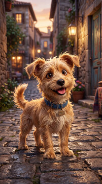 Cute fluffy terrier dog with collar standing on cobblestone pavement in a charming old European alley lit by warm lantern light. Whimsical pet and travel concept.