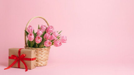 Obraz premium Minimal valentine gift basket with tulips on pastel pink