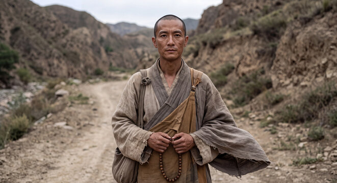 Solitary monk in traditional robes walking along a rugged rocky desert trail surrounded by dry hills. Peaceful spiritual journey and meditation concept.