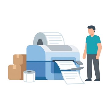 Man standing beside a large label printer with paper rolls and boxes