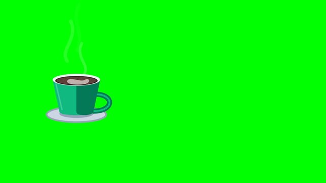 Professional 2D flat motion graphic of a premium ceramic coffee cup with organic, infinitely flowing steam on the left.  blank copy space, green screen