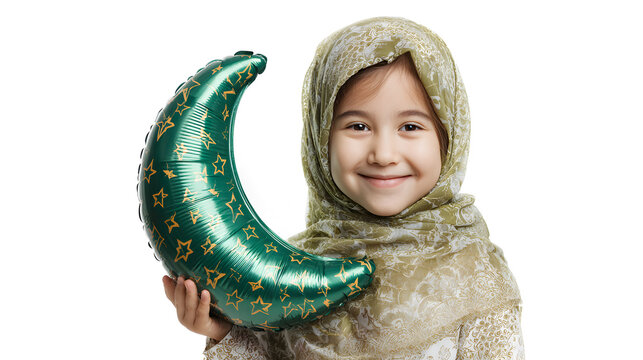 Happy girl wearing hijab holding green crescent moon balloon with muslim girl