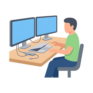 Man working at wooden desk with dual computer monitors and laptop