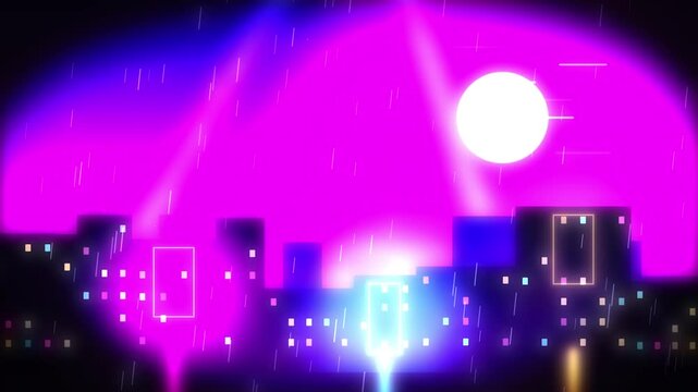 Animated cyberpunk city skyline in pouring rain with bright neon lights and full moon in background loop
