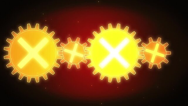 Animated glowing golden gears rotating synchronously against dark red background showing mechanism mechanics