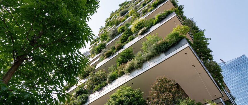 Vertical forest residential tower with dense layered greenery on its facade in an urban setting