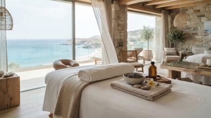 Naklejka na ściany i meble seaside wellness retreat massage room Cozy spa room with sea view, stone walls, and natural decor.