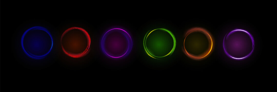 Set of glowing neon circle rings in multiple colors on dark backdrop, minimal futuristic light frames for design, technology banner.