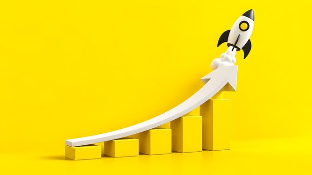 Business startup and rapid growth concept showing a 3D rocket launching upward along a rising white arrow over a yellow bar chart on a bright yellow background
