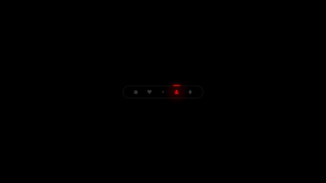 A sleek dark bottom navigation bar UI element featuring home, favorite, add, profile, and notification icons, with a red glow highlighting the active user profile tab