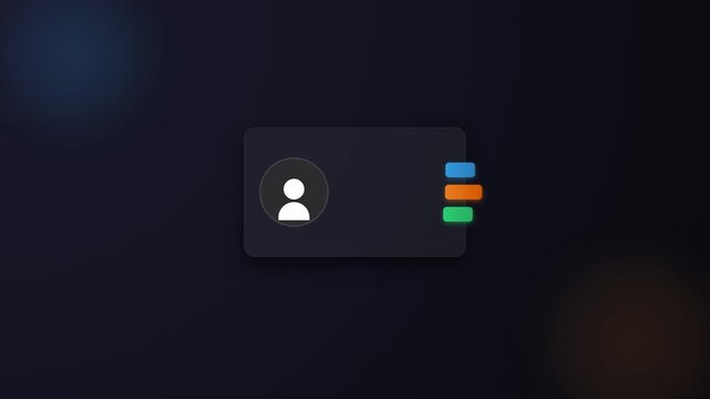 A sleek dark mode user profile card UI element featuring an avatar placeholder icon and colorful status indicator bars