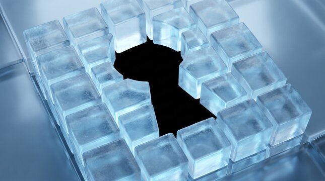 Ice cube blocks arranged around dark void gap, translucent geometric structure