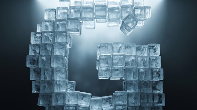 Ice cubes arranged in geometric pattern with light refraction