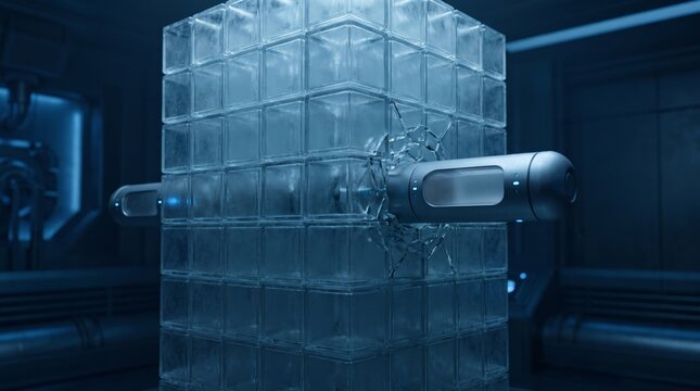 Robotic arm piercing translucent glass cube structure with impact