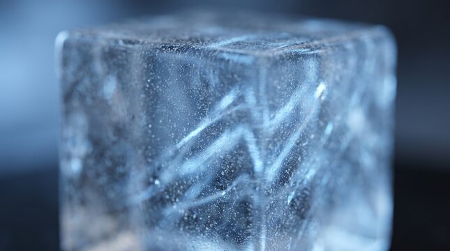 Ice cube macro detail with frozen crystalline surface texture, close up