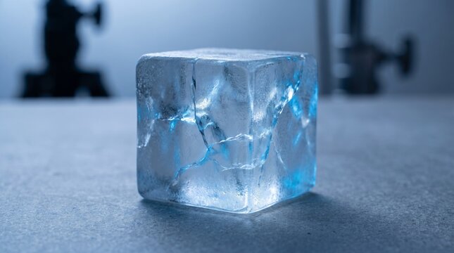 Translucent ice cube with fracture patterns on cool surface