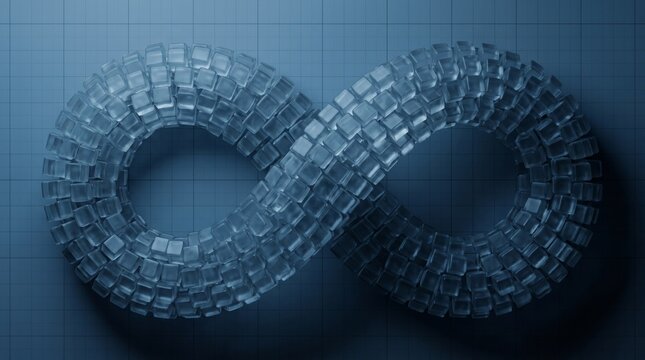 Infinity symbol constructed from translucent modular glass cubes on blue grid