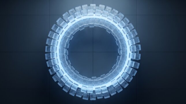 Glowing circular ring made of translucent modular cubes, minimalist geometric design