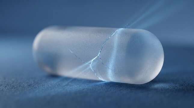 Cracked translucent sphere on blue surface with geometric fracture pattern