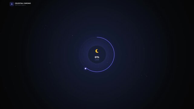 A futuristic celestial chrono interface displaying an lunar phase circular progress bar set against a dark starry space background