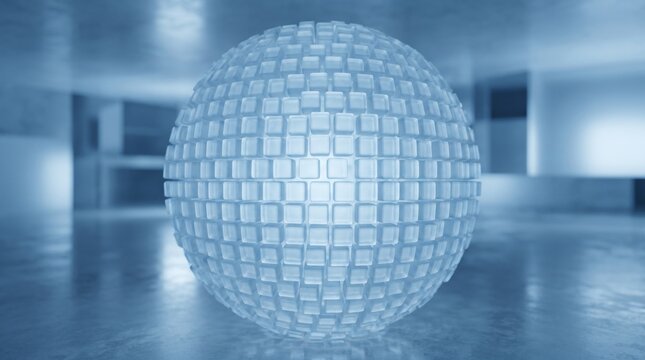 Translucent spherical grid structure reflecting light in modern architectural space
