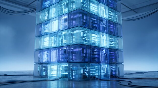 Stacked translucent glass modules with blue illuminated server interior
