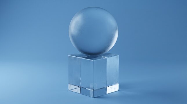 Blue sphere resting on transparent glass cube pedestal