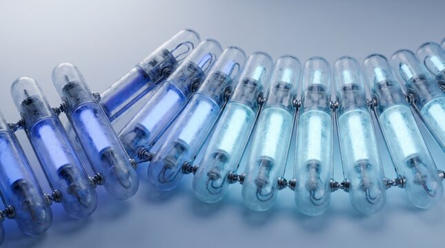 Row of translucent syringes filled with blue gradient liquid on neutral surface