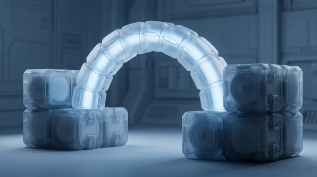 Translucent modular tubes connecting stacked glass cube formations in cool blue setting